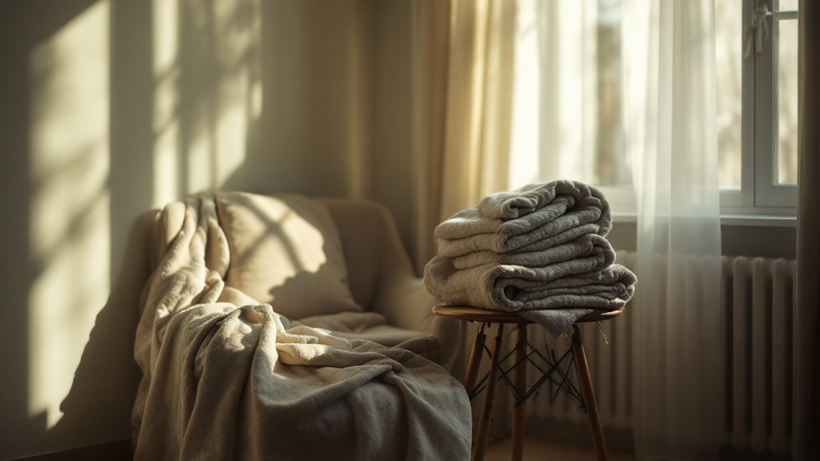 Soft daylight falling across an empty room with a chair and a folded blanket, quiet and still