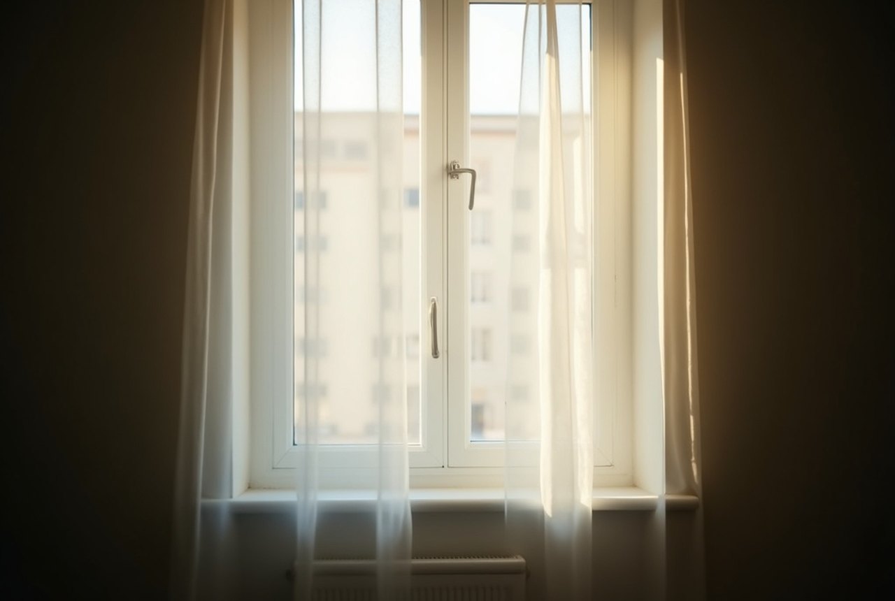 A window with a sheer curtain moving gently in the light, seen from inside a calm room