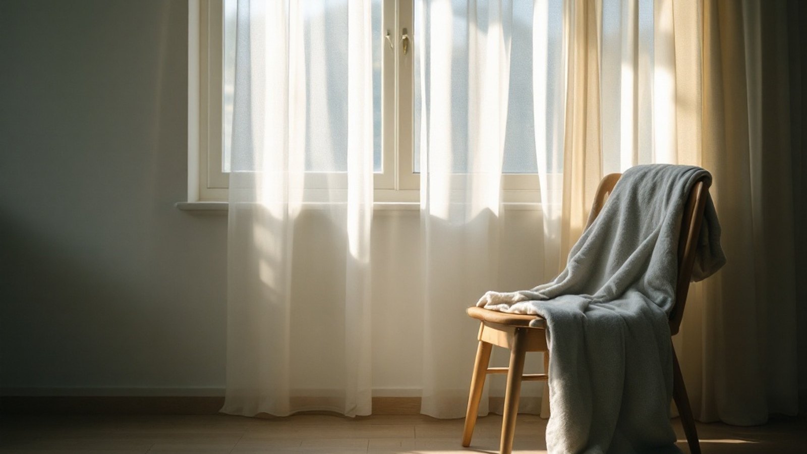 Soft daylight falling across an empty room with a chair and a folded blanket, quiet and still