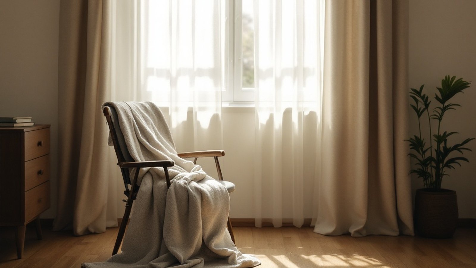 Soft daylight falling across an empty room with a chair and a folded blanket, quiet and still