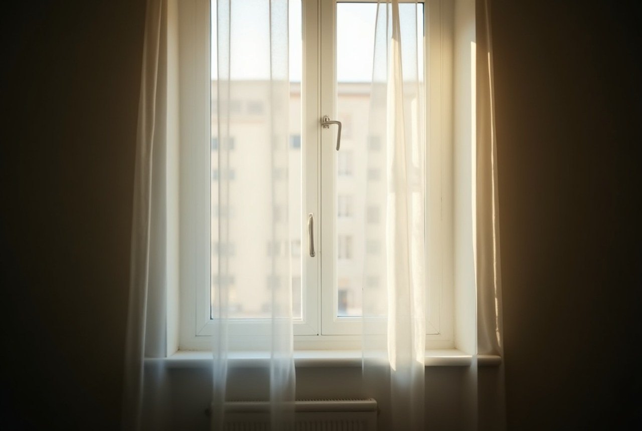 A window with a sheer curtain moving gently in the light, seen from inside a calm room
