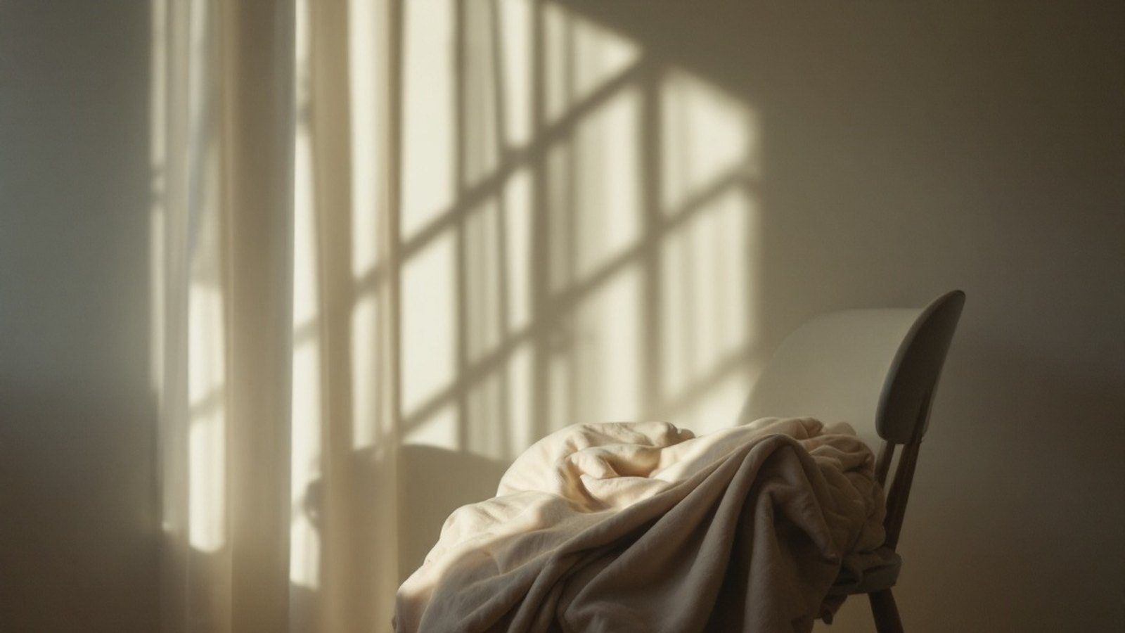Soft daylight falling across an empty room with a chair and a folded blanket, quiet and still