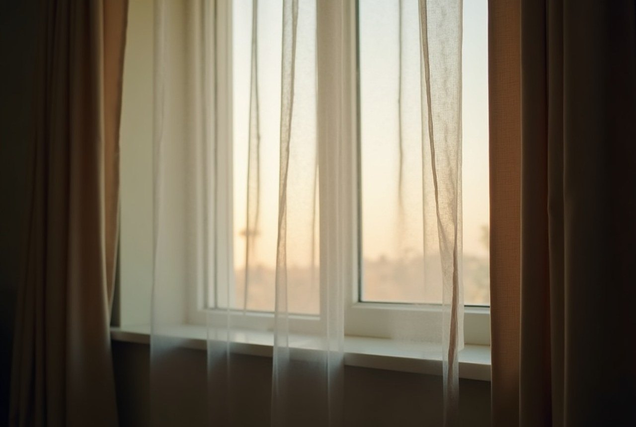 A window with a sheer curtain moving gently in the light, seen from inside a calm room