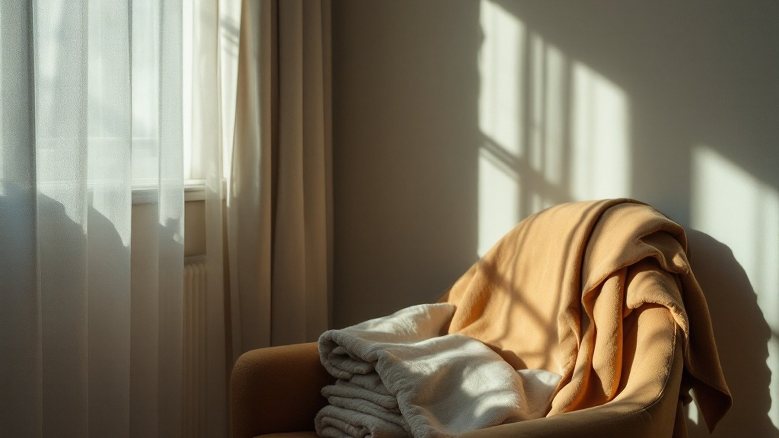 Soft daylight falling across an empty room with a chair and a folded blanket, quiet and still