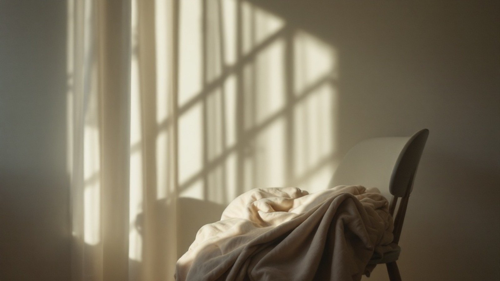 Soft daylight falling across an empty room with a chair and a folded blanket, quiet and still