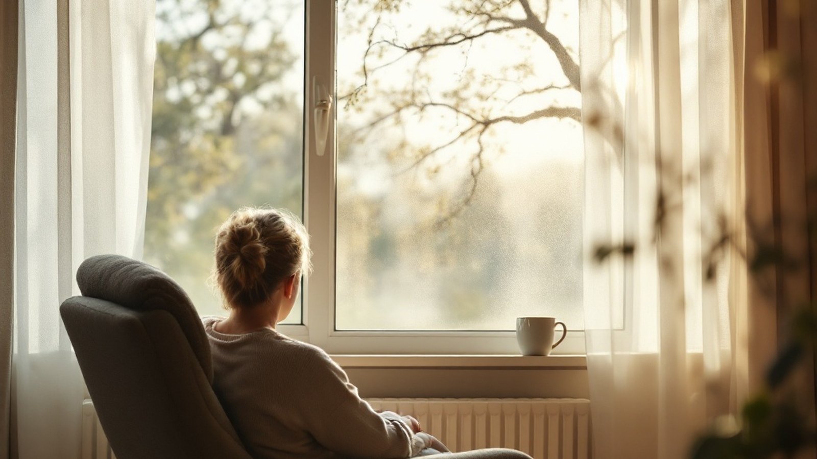 A person sitting quietly in an armchair by a large window in soft morning daylight, seen from behind, at rest — no visible face