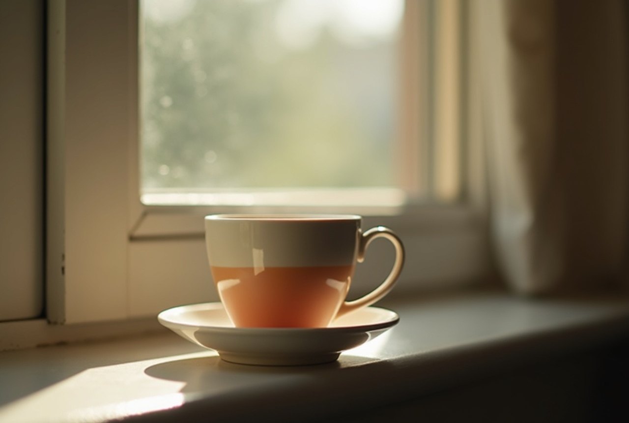 A cup of tea cooling on a windowsill in gentle daylight, quiet and still