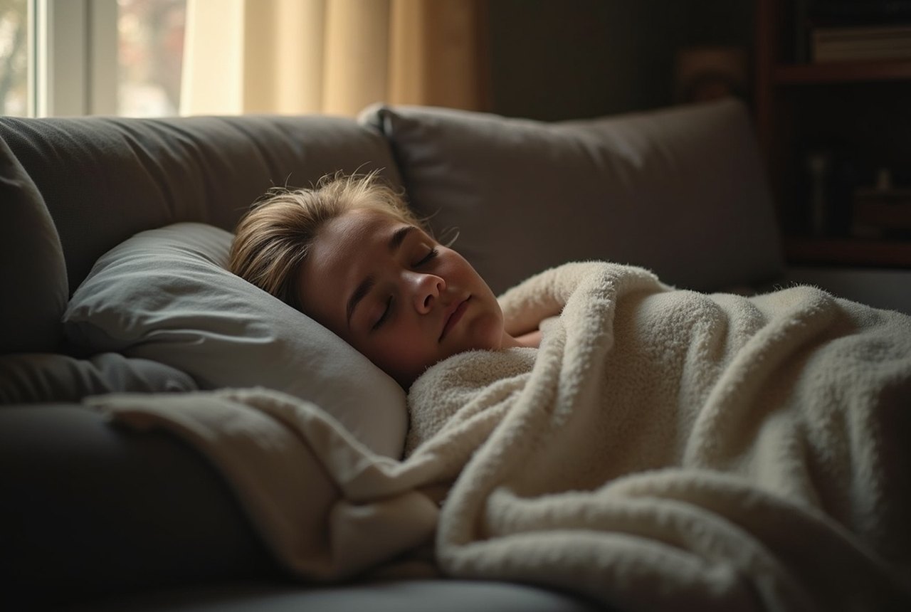 A person resting on a sofa under a soft blanket in low, calm afternoon light, no visible face