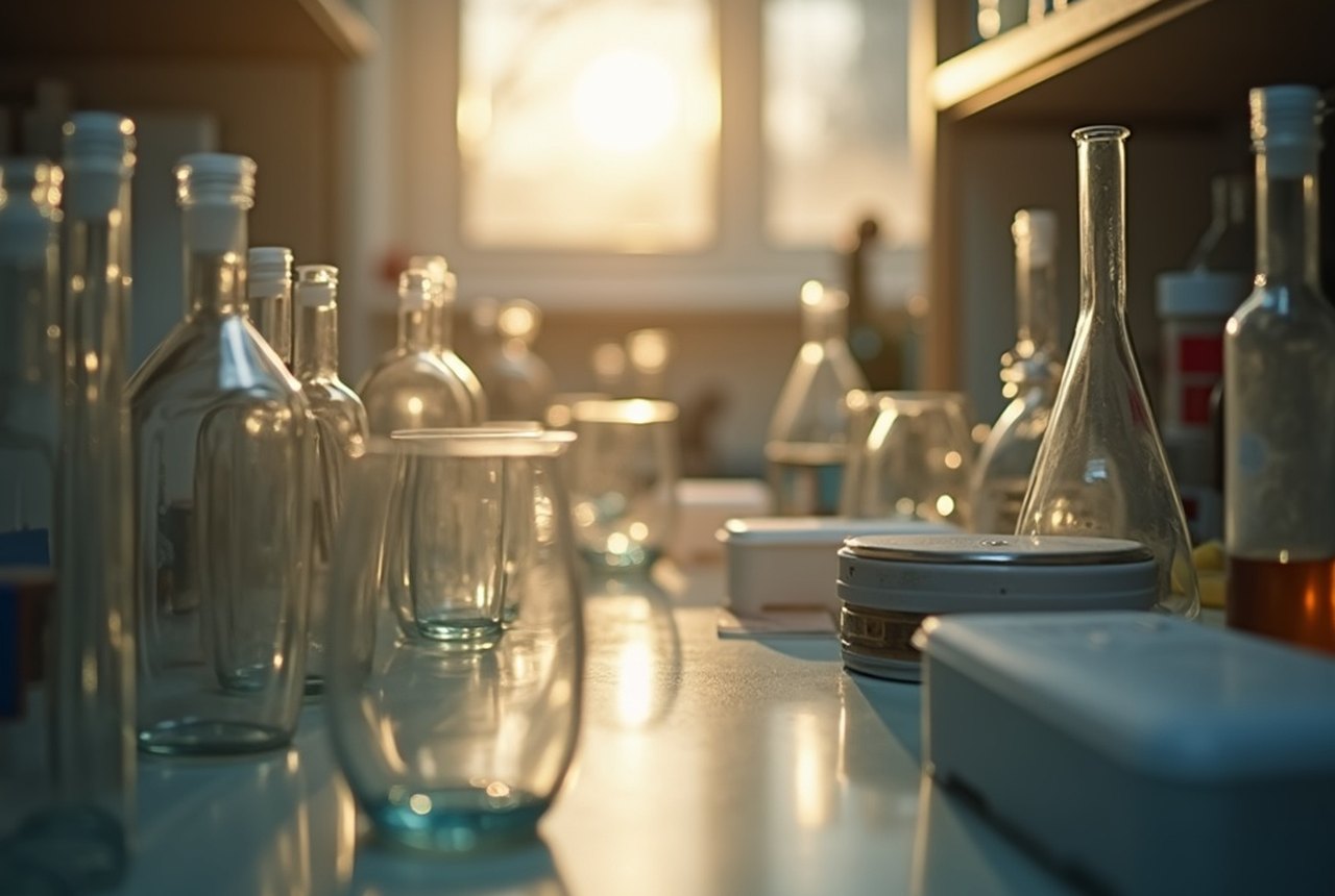 Sunlight falling across an empty laboratory bench with glassware, calm and orderly